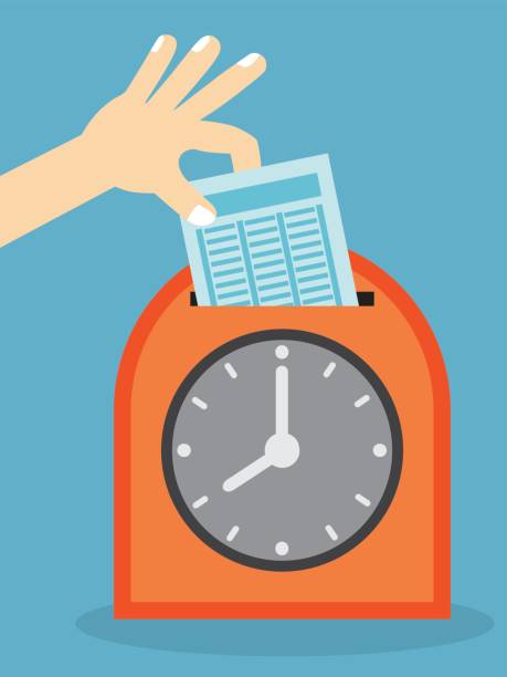 Hand putting card in time clock Hand putting card in time clock punch clock stock illustrations