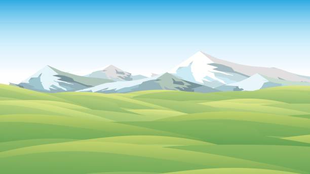 Rural Summer Meadow Landscape with Mountains  - Vector Illustration vector art illustration