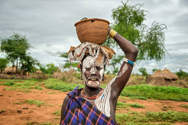 Woman from the african tribe Mursi, Omo Valley, Ethiopia Omo Valley: Woman from the african tribe Mursi with big lip plate and with a basket on her head omo river photos stock pictures, royalty-free photos & images