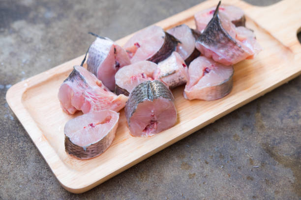 istock Striped snakehead fish chopped preparing for cooking on wood tray 667059310