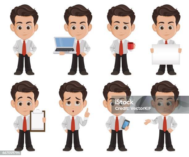 Business Man Cartoon Character Set Of Eight Illustrations Cute Young Businessman In Office Clothes Vector Illustration Stock Illustration - Download Image Now