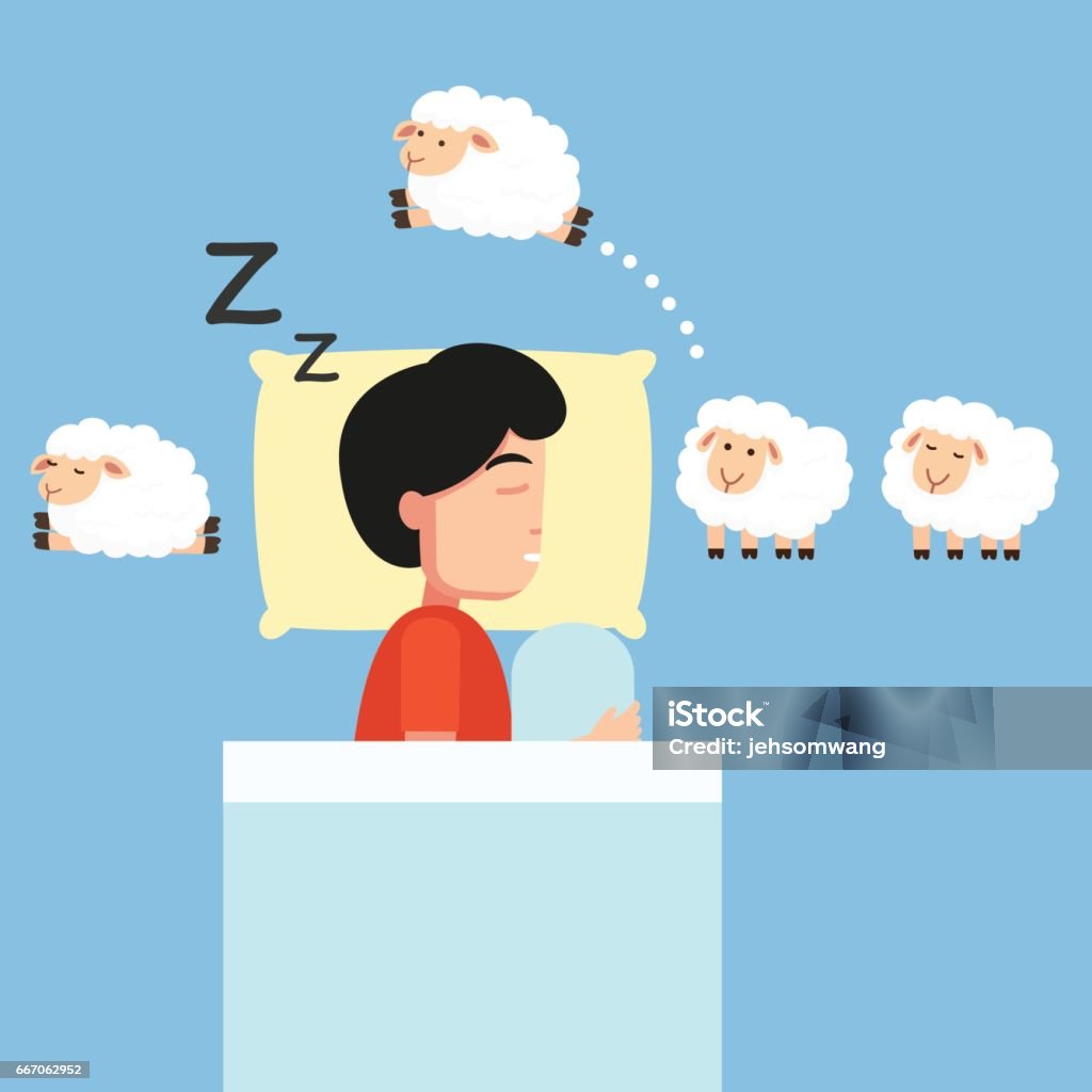 Man sleeping,Counting sheep to fall asleep Man sleeping,Counting sheep to fall asleep vector illustration. Sheep stock vector