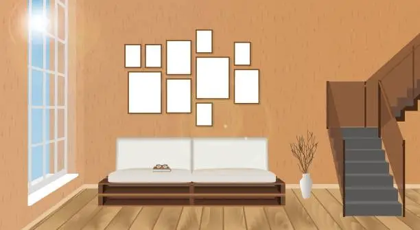 Vector illustration of Mockup living room interior with empty frames, sofa, parquet flooring, second floor stairway and sun glowing.