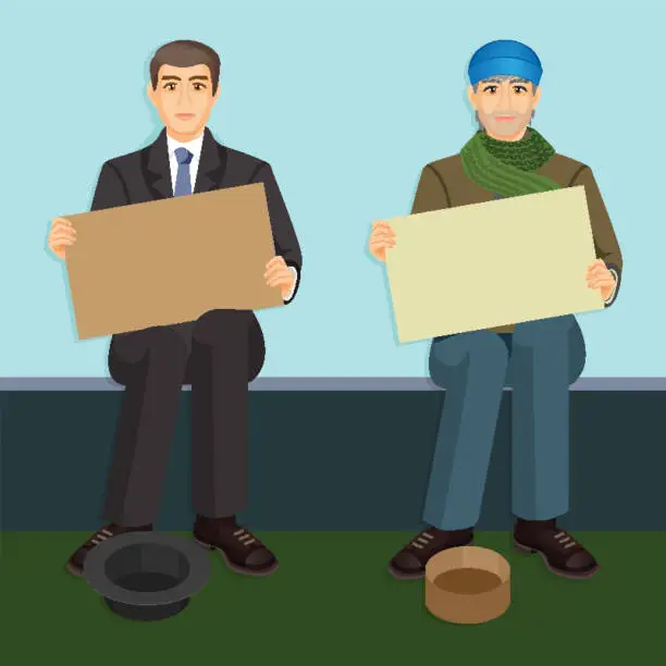 Vector illustration of Beggars with empty billboards begging on bench with hats