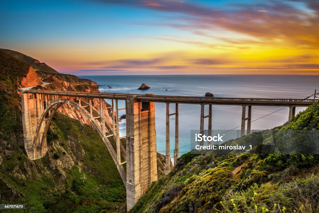 Bixby Bridge and Pacific Coast Highway at sunset Bixby Bridge (Rocky Creek Bridge) and Pacific Coast Highway at sunset near Big Sur in California, USA. Long exposure. California Stock Photo