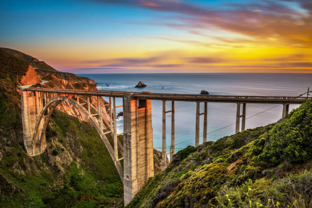 Bixby Bridge and Pacific Coast Highway at sunset Bixby Bridge (Rocky Creek Bridge) and Pacific Coast Highway at sunset near Big Sur in California, USA. Long exposure. california stock pictures, royalty-free photos & images