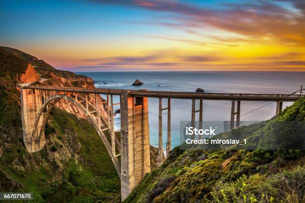 Bixby Bridge And Pacific Coast Highway At Sunset Stock Photo - Download Image Now - California, City of Monterey - California, Big Sur