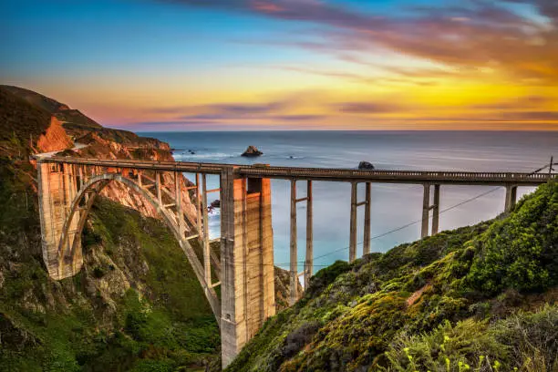 Photo of Bixby Bridge and Pacific Coast Highway at sunset