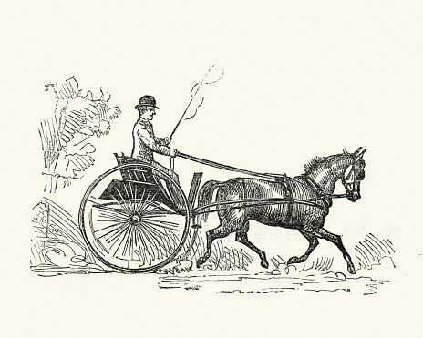 Vintage woodcut illustration of a trap, pony trap (sometimes pony and trap) or horse trap is a light, often sporty, two-wheeled horse or pony drawn carriage.