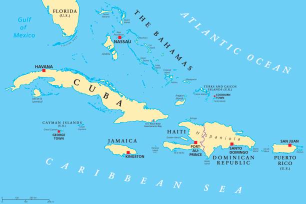 Greater Antilles political map Greater Antilles political map. Caribbean islands. Cuba, Jamaica, Haiti, Dominican Republic, Puerto Rico, Cayman Islands, The Bahamas, Turks And Caicos Islands. Illustration. English labeling. Vector. andros island stock illustrations