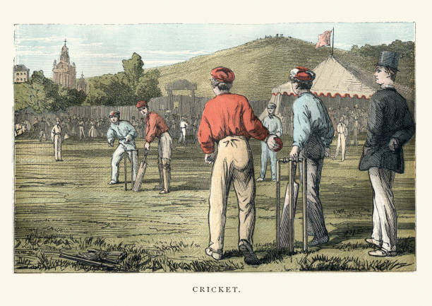 Victorian cricket match, 19th Century Vintage woodcut illustration of a Victorian cricket match, 19th Century cricket team stock illustrations