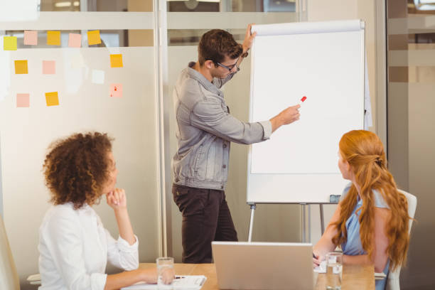 istock Businessman discussing with female colleagues using whiteboard 667094124