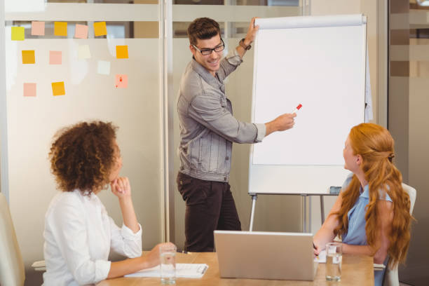 istock Businessman discussing with female colleagues using whiteboard 667094240