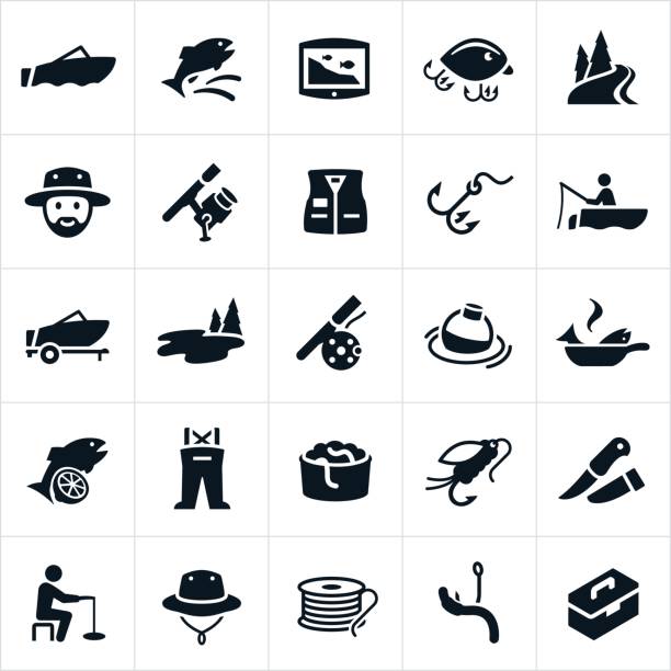 Fishing Icons An icon set of fishing related themes. The icons include fisherman, fish, fishing, fishing boat, fish finder, fishing lures, bait, worms, river, lake, fishing pole, fishing vest, hook, fly rod, bobber, cooking fish, waders, fishing fly, knife, ice fishing, fisherman hat, fishing line and tackle box to name a few. fly fishing illustrations stock illustrations