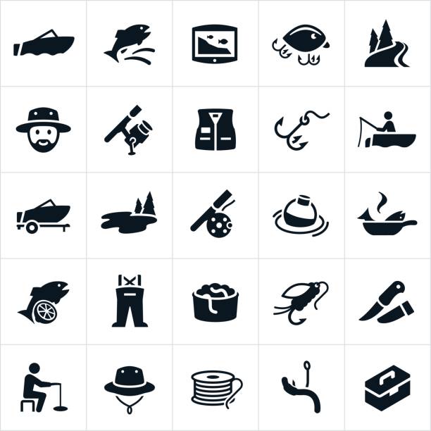 Fishing Icons An icon set of fishing related themes. The icons include fisherman, fish, fishing, fishing boat, fish finder, fishing lures, bait, worms, river, lake, fishing pole, fishing vest, hook, fly rod, bobber, cooking fish, waders, fishing fly, knife, ice fishing, fisherman hat, fishing line and tackle box to name a few. man ice fishing stock illustrations