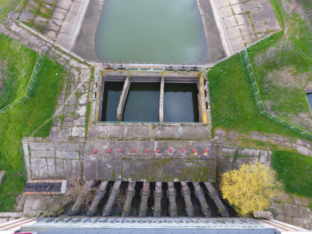 istock Water pumping station of irrigation system of rice fields. View 667099884