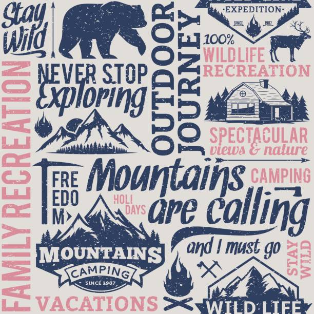 Retro styled typographic vector mountain and outdoor adventures seamless pattern or background Retro styled typographic vector mountain and outdoor adventures seamless pattern or background. Tourism, hiking and travel icons for tourism organizations, outdoor events and camping leisure camping patterns stock illustrations