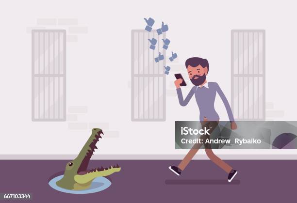 Young Carefree Man Walking With Phone Crocodile In Pit Stock Illustration - Download Image Now