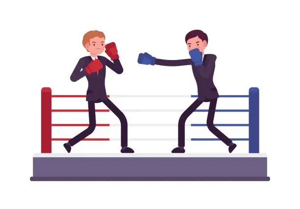 Vector illustration of Two young businessmen are boxing, competing for profit and market