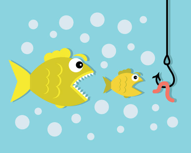 ilustraciones, imágenes clip art, dibujos animados e iconos de stock de peces grandes comen peces pequeños, gancho y cebo de gusano - fishing worm