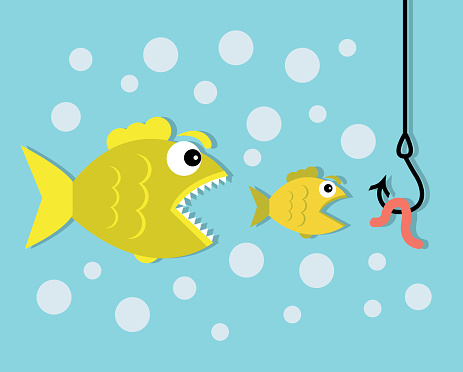 A small fish wants to eat a worm on a hook, and a big predator fish wants to eat a small fish