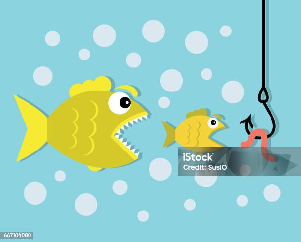 Big Fish Eat Little Fish Hook And Worm Bait Stock Illustration - Download  Image Now - Fish, Eating, Fishing Hook - iStock