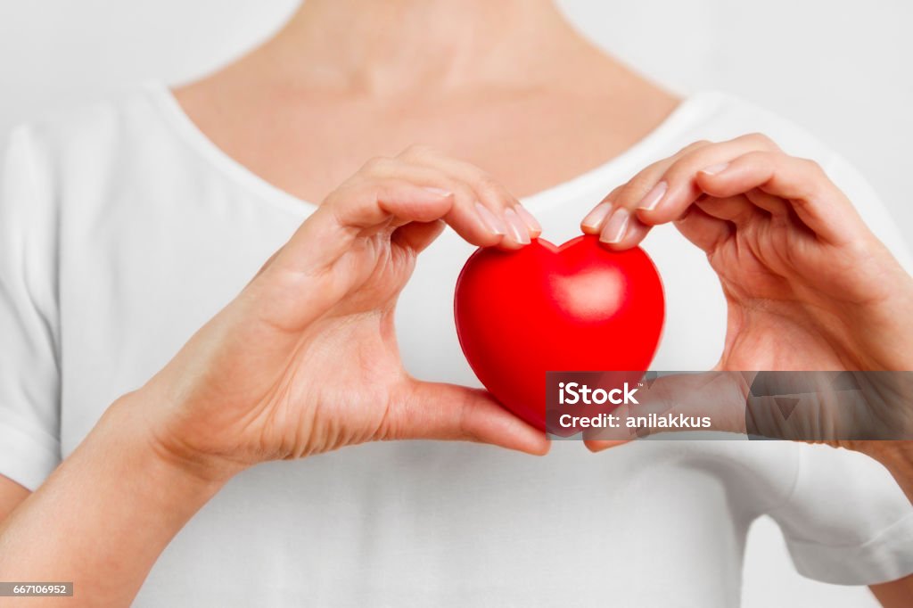 Healthy Woman Holding Heart Young healthy woman holding red heart. Heart - Internal Organ Stock Photo