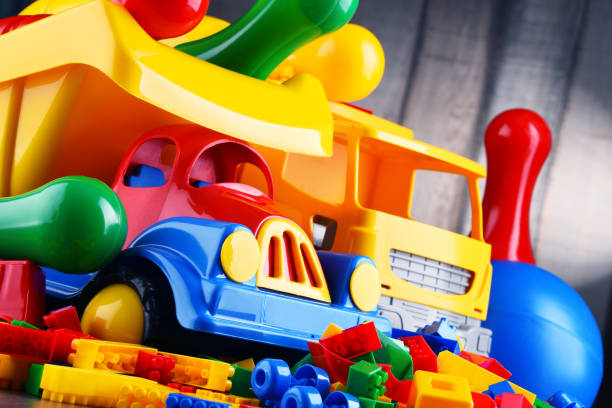 Colorful plastic toys in children's room.