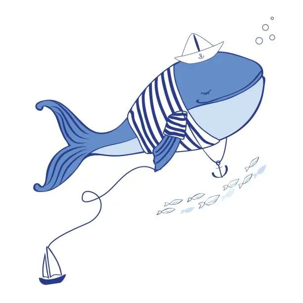 Vector illustration of Blue Whale in jacket vest with paper boat and anchor cartoon illustration isolated on white background, vector doodle wild animal, fish line art, Character design for travel card, children invitation