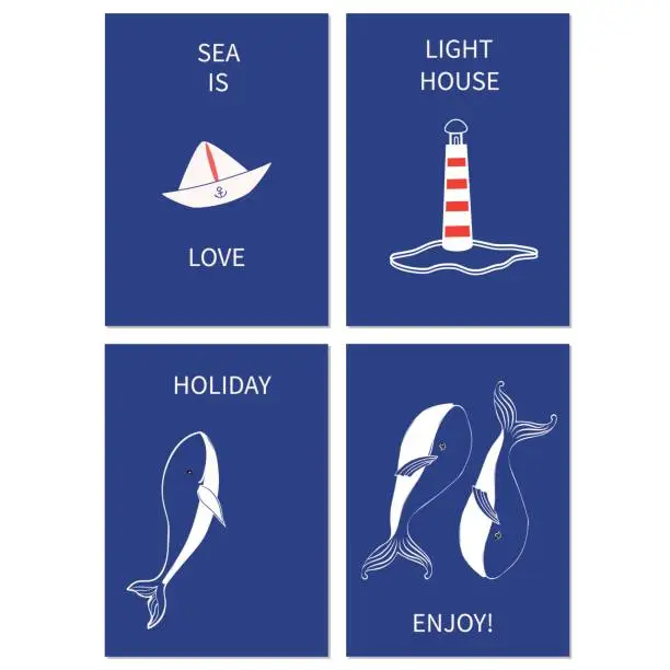 Vector illustration of Whale, lighthouse isolated on blue background, hand drawn vector