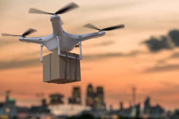 istock 3D rendered illustration of flying drone delivering package at sunset. 667124742