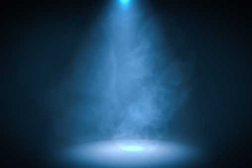 3D rendered illustration of blue spotlight background with smoke.