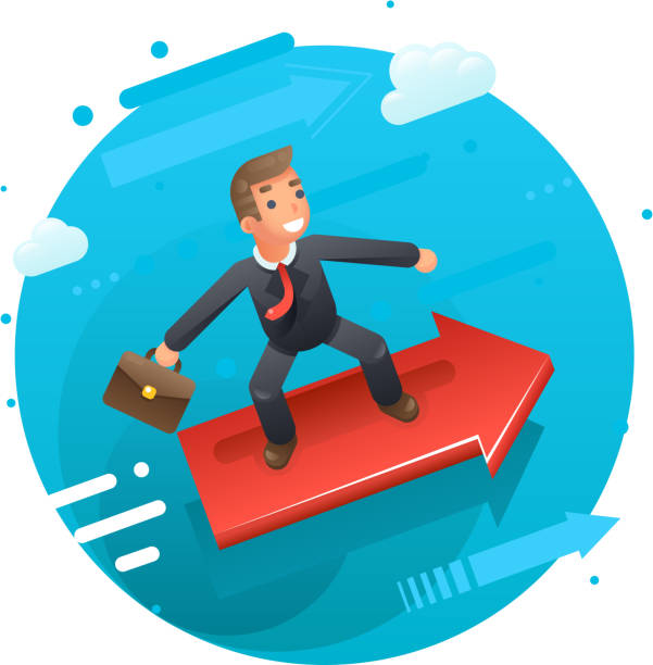 istock Businessman character riding on the infographic arrow growth success flat design vector illustration 667131500