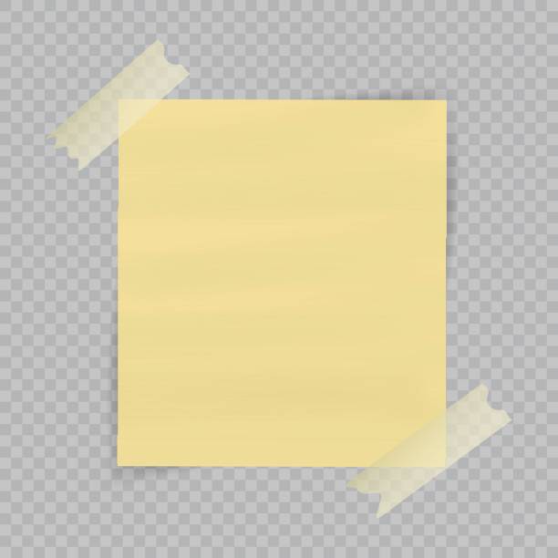 ilustrações de stock, clip art, desenhos animados e ícones de paper sheet on translucent sticky tape with transparent shadow isolated on checkered background. empty yellow note template for your design. vector illustration - adhesive note letter thumbtack reminder