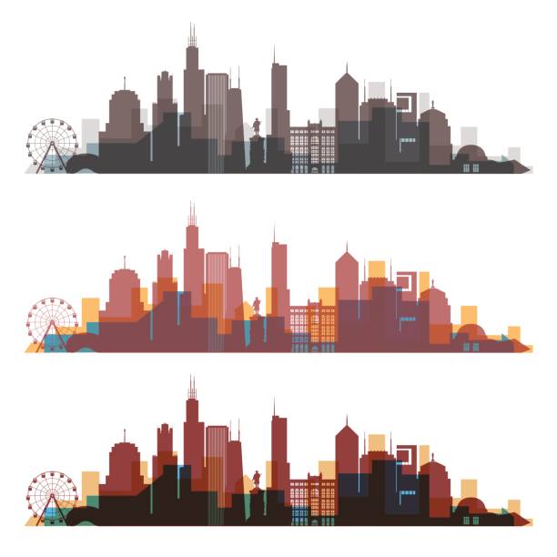Chicago 01-3 (Three silhouette) Chicago, Illinois skyline city colorfull silhouette. Vector illustration. chicago skyline stock illustrations