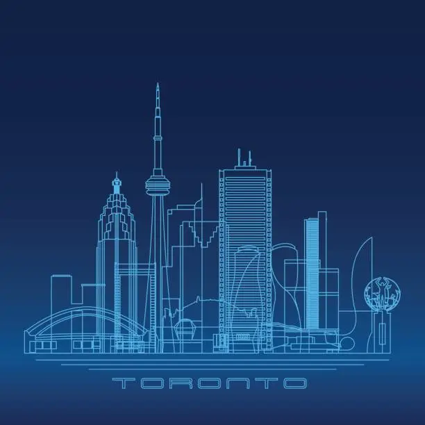 Vector illustration of Toronto skyline, detailed silhouette. Modern vector illustration, blue linear style.