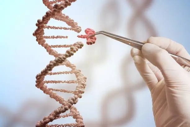 Photo of Genetic engineering and gene manipulation concept. Hand is replacing part of a DNA molecule.