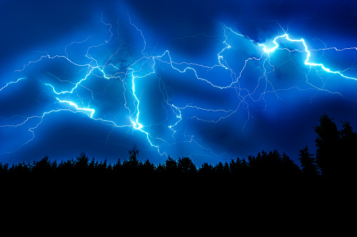 Lightning Strike On A Dark Blue Sky Stock Photo - Download Image Now -  Accidents and Disasters, Black Color, Blue - iStock