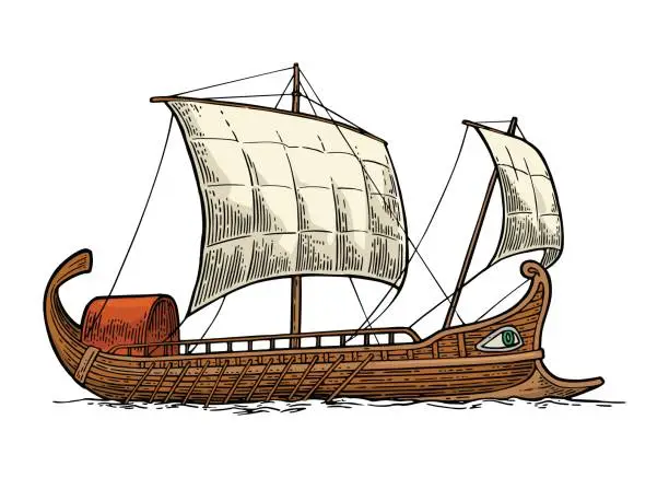 Vector illustration of Trireme floating on the sea waves. intage vector engraving illustration