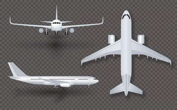 weiße flugzeug mit schatten iconset auf transparentem hintergrund im profil und von der vorderen isoliert vektor-illustration - air vehicle airplane commercial airplane private airplane stock-grafiken, -clipart, -cartoons und -symbole