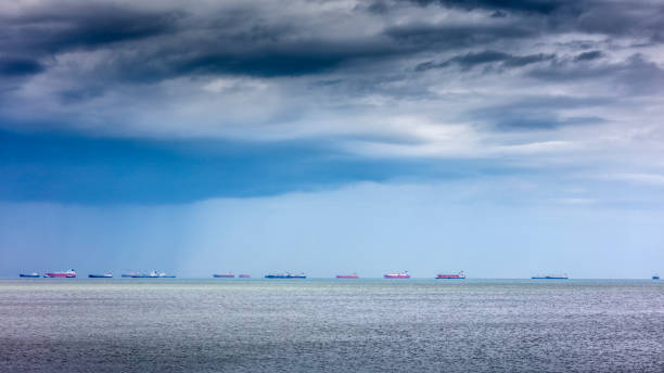 찍은 파노라마 샷은 항해 배는 파나마 운하를 교차 하는 라인에서 기다리고의 태평양 해 안에에서. - panama canal panama global finance container ship 뉴스 사진 이미지