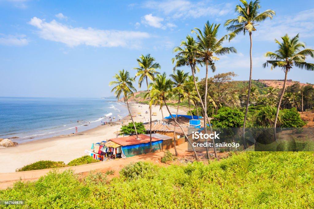 Beach in Goa, India Vagator or Ozran beach aerial panoramic view in north Goa, India Calangute Stock Photo