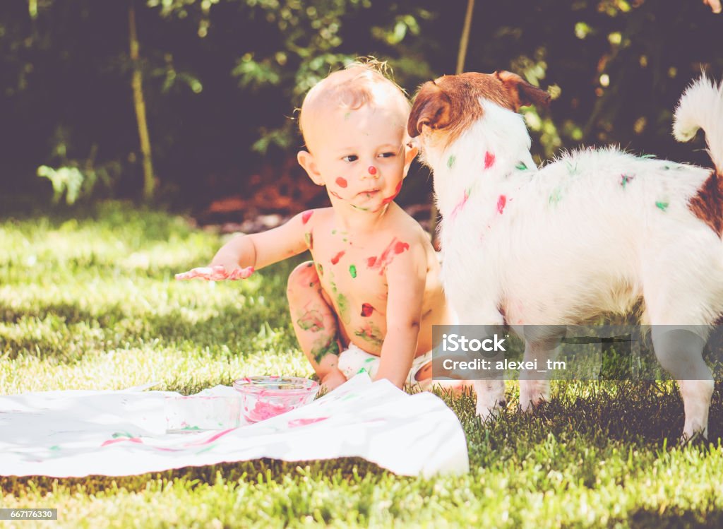 1 year old baby painting on his body and on dog Baby painting with fingerpaint all around Baby - Human Age Stock Photo