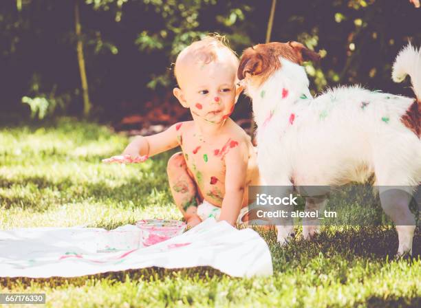 1 Year Old Baby Painting On His Body And On Dog Stock Photo - Download Image Now - Baby - Human Age, Dog, Painting - Activity