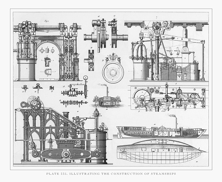 Engraved illustrations of Illustrating the Construction of Steamships Engraving, 1851. Source: Original edition from my own archives. Copyright has expired on this artwork. Digitally restored.