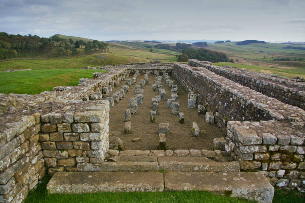 Ruin of a Roman fort on the Hadrian`s Wall stock photo
