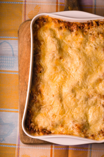 istock Lasagne cooked at home in large form for baking on tablecloths 667187386