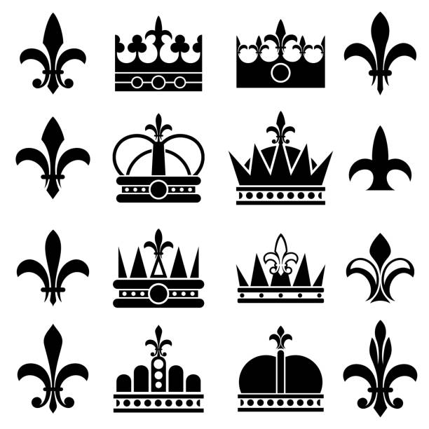 krone und fleur de lis, lilie blumen royal vektor-icons - lily fleur de lys king flower stock-grafiken, -clipart, -cartoons und -symbole