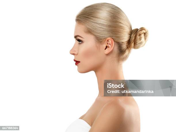 Woman With Lips Mouth Red Pink Lip And Blonde Hair Portrait Stock Photo - Download Image Now