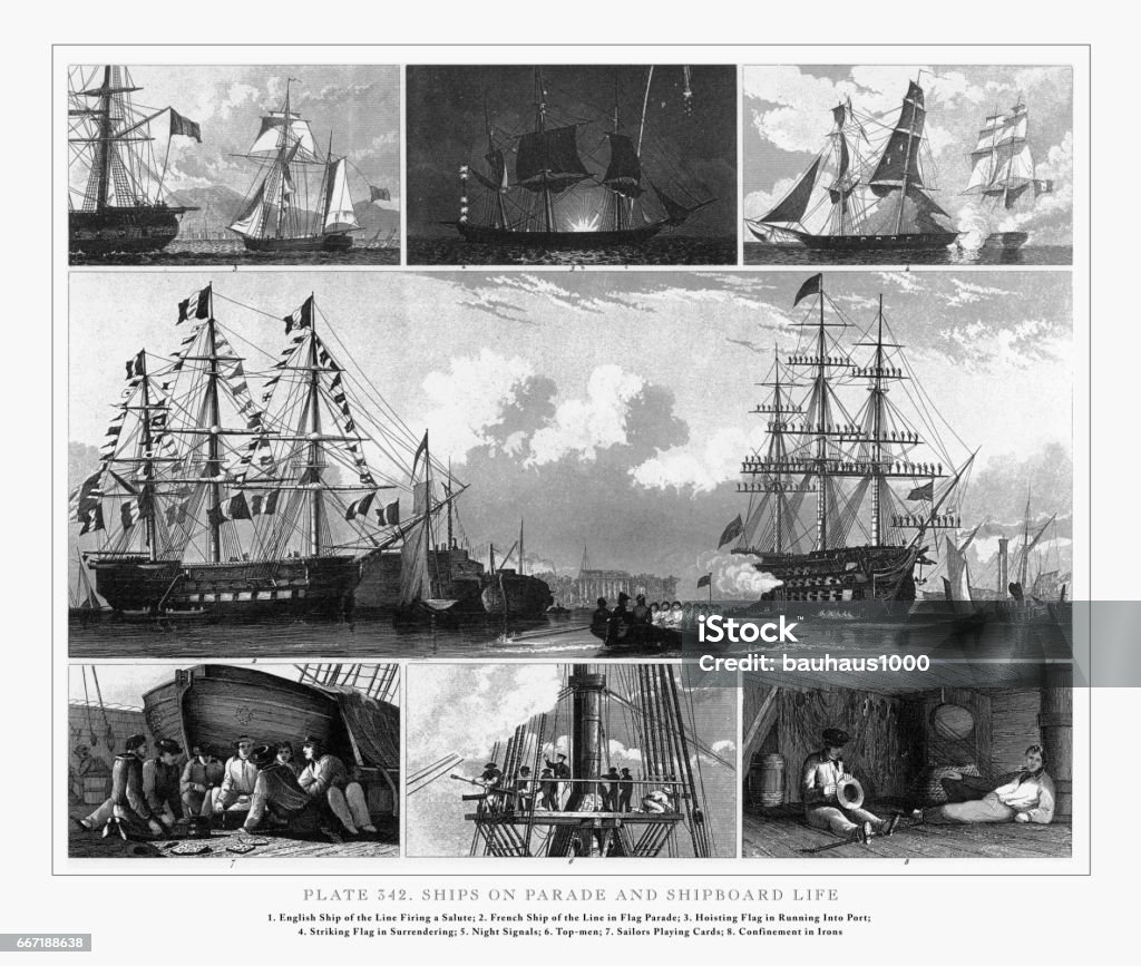 Ships on Parade and Shipboard Life Engraving, 1851 Engraved illustrations of Ships on Parade and Shipboard Life Engraving, 1851. Source: Original edition from my own archives. Copyright has expired on this artwork. Digitally restored. Battle stock illustration